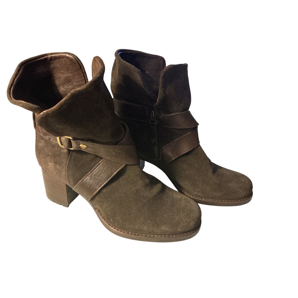 Trask Brown Suede Leather Buckle Strap Ankle Boots Block Heel Lug Sole 7M